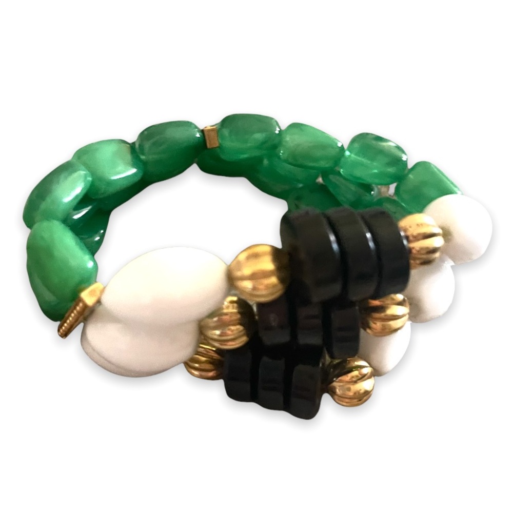 Vintage Extra Wide 3 Strand Egyptian Jade Lucite Beads Engraved Bracelet - Picture 7 of 11